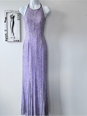 Scala 100% Silk Lavender Purple Beaded Sequin Open Back Gown Prom Dress XS